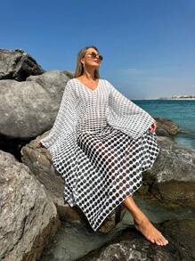 SHEIN Swim Robe de plage de vacances à manches chauve-souris imprimée léopard pour femmes - Multicolore - Voir 5