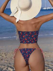 Swim Mod Springbreak 2pcs Women Casual Beach Party Spaghetti Strap Textured Fabric Cherry Print Tank Top And Bikini Swimwear Set