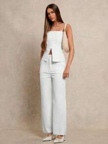 Glamine 女士优雅工作服吊带背心和开衩下摆纽扣西装裤办公室套装，纯白色，两件套 - 白色 - 查看 3