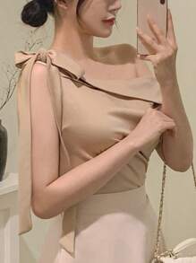 DAZY Camisa de hombros oblicuos de unicolor y simple para salir, parte superior para otoño - Caqui - Ver 1