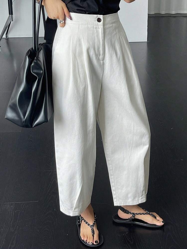 Women's Solid Color Button Pleated Casual Pants, Spring/Summer