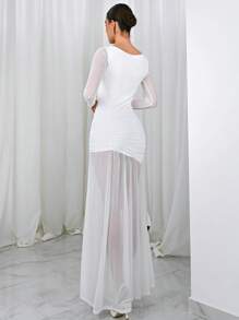 Aloruh 女士纯色撞色网眼花卉装饰优雅连衣裙