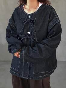 FRIFUL Women Solid Color Pocket Twist Front Button Casual Long Sleeve Denim Shirt,Back To School Clothes,Jeans Jacket,Fall Women Clothes - Blue - View 6