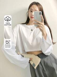 DAZY Solid Drop Shoulder Crop Tee,Fall Clothes Preppy Tops Long Sleeve Women Tops - White - View 1