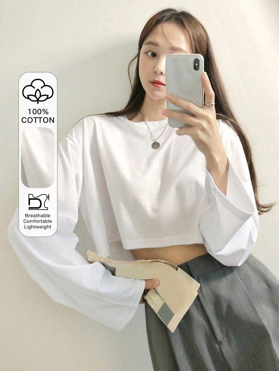 DAZY Solid Drop Shoulder Crop Tee,Fall Clothes Preppy Tops Long Sleeve Women Tops - White - View 1