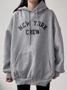 DAZY 字母图案落肩抽绳连帽衫，长袖上衣运动衫 - 灰色 - 查看 3