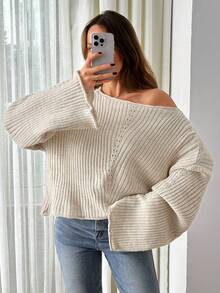 EURMUSE Oversized Strickpullover Damen – Beiger Off Shoulder Sweater Mit Weiten Ärmeln, Cozy Knitwear #BrunchBereit #NeueHerbstmode #MinimalistFashion,Jumper,Cream Jumper,Jumpers For Women,Jumpers,Black Jumper,Womens Jumper,White Jumper,Women's Jumper,Women's Jumpers,Winter Clothes - White - View 5