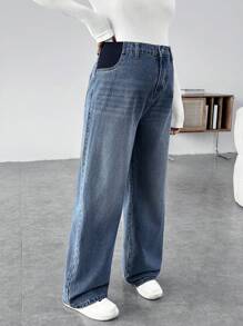 SHEIN Maternity Casual Loose Wide-Leg Blue Jeans Women Baggy Jeans Casual Loose Wide Leg Pants Blue Women's Jeans Thanksgiving Women Wide Waist Mom Jeans - Blue - View 6