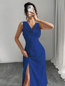 SHEIN Unity Women Elegant Solid Color V-Neck High Slit Sleeveless Dress, Formal Evening Dress, Sexy Long Dress - Blue - View 3