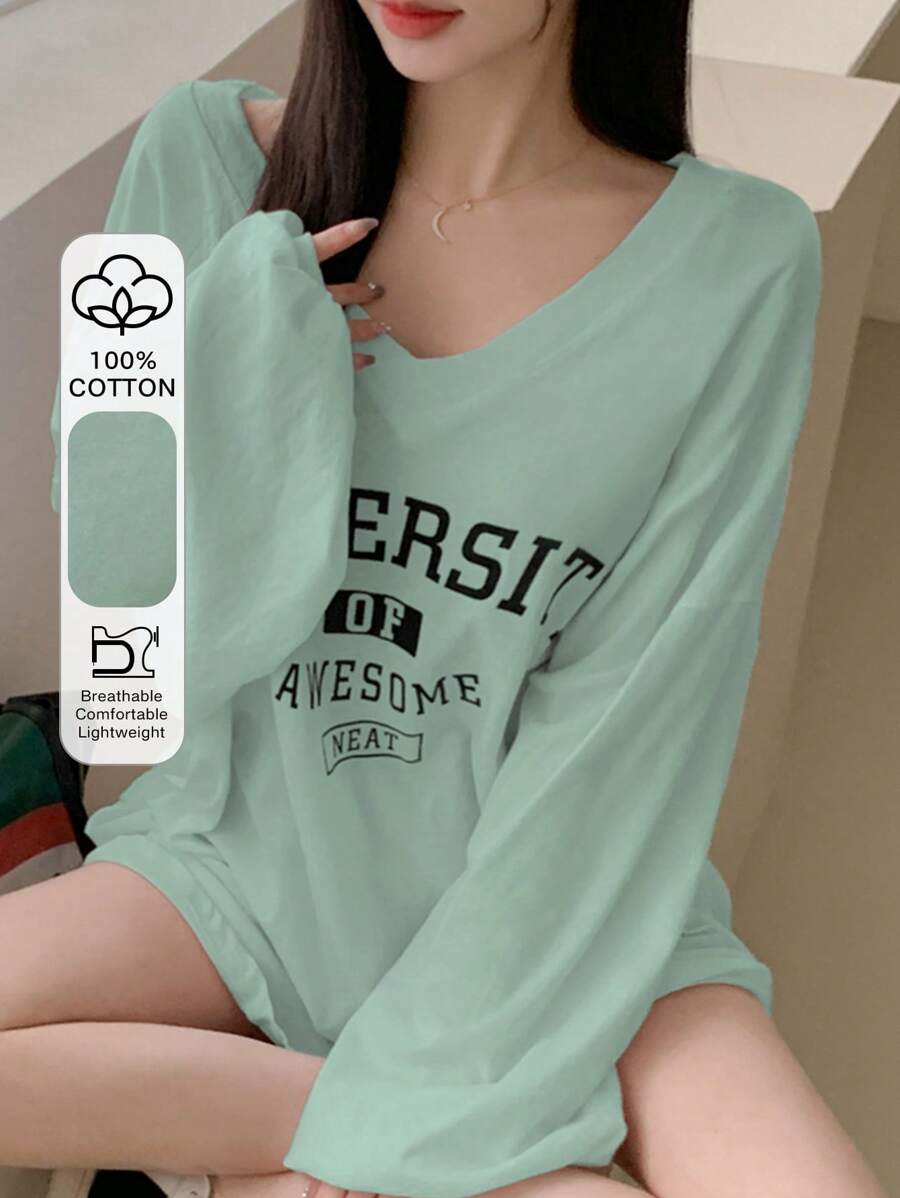 DAZY 女士春夏季休閒V領寬鬆長袖T恤，有字母印花 - 綠色 - 查看 1