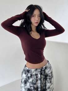 DAZY Women's Long Sleeve Crop Top Preppy Tops - Burgundy - View 6