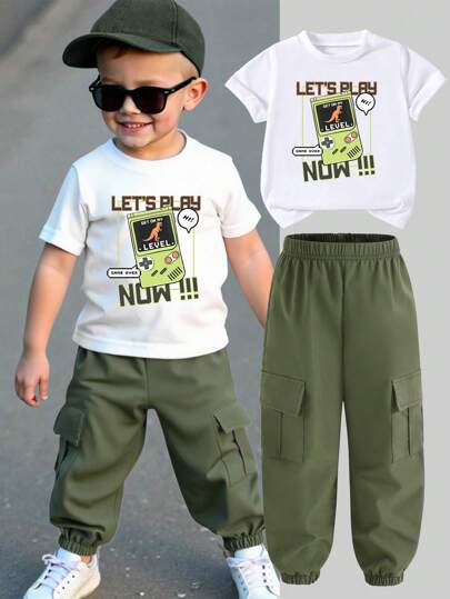 SHEIN 男童纯色抽绳工装裤和圆领短袖 T 恤套装