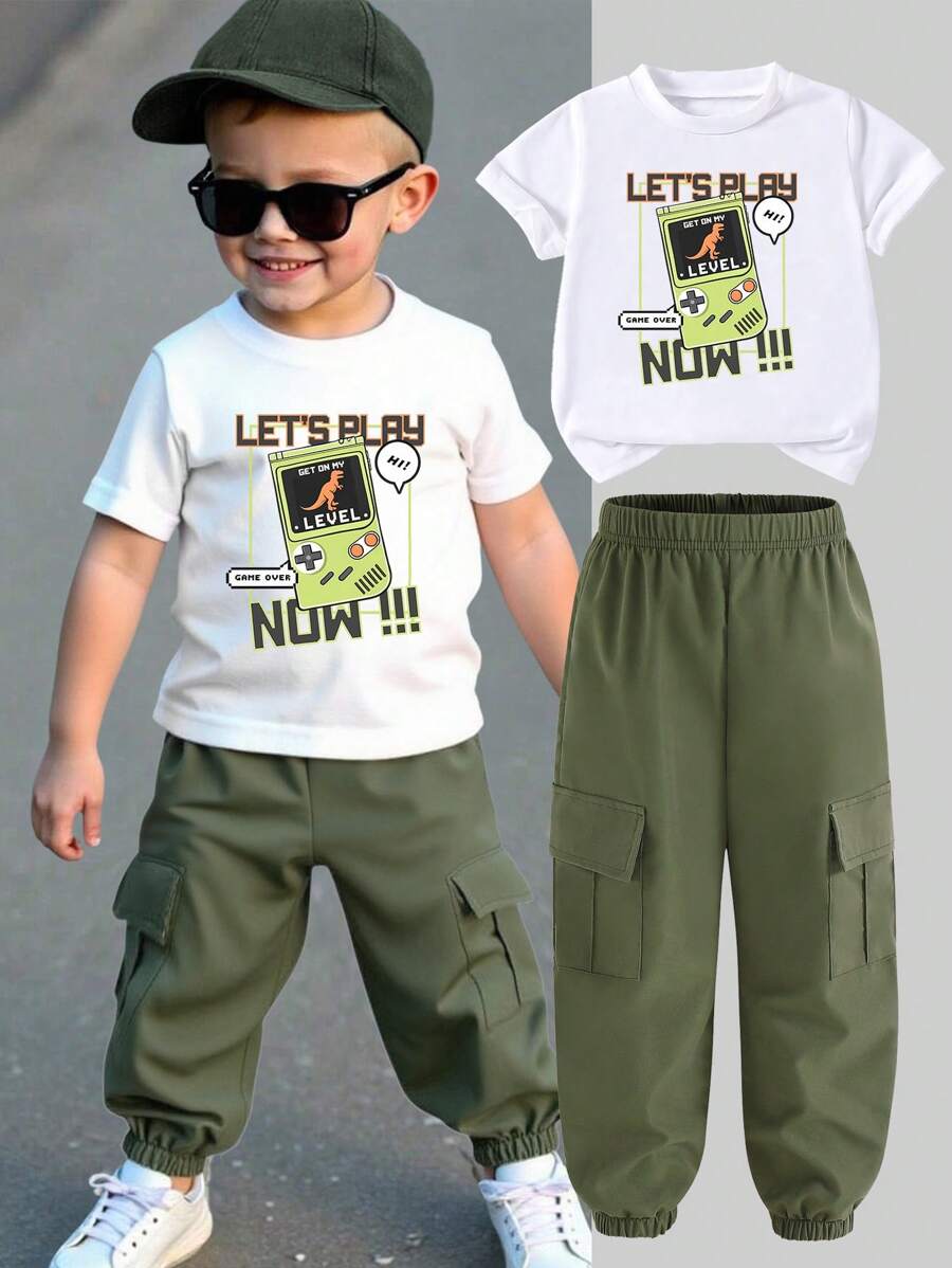 SHEIN Young Boy Solid Color Drawstring Cargo Pants And Round Neck Short Sleeve T-Shirt Set Summer Holiday - White - View 1