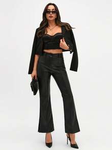 EURMUSE Women's French PU Leather Tight Flare Leg Slit Pants - Black - View 1