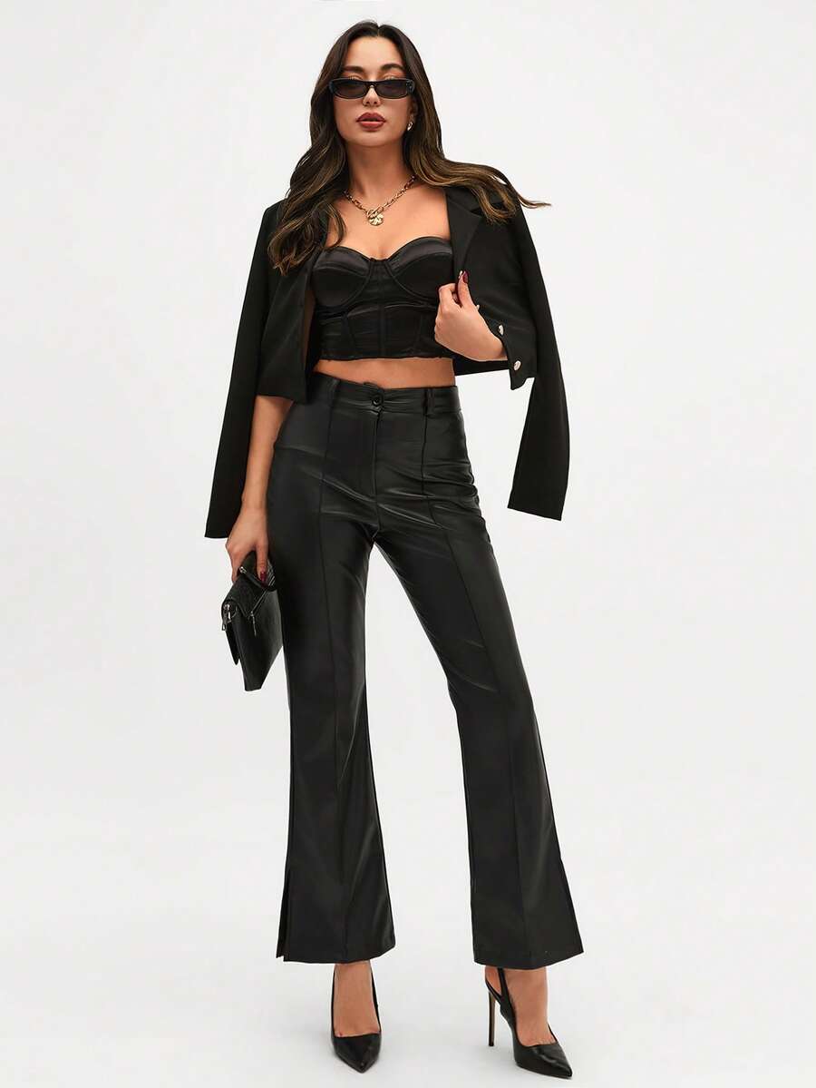 EURMUSE Women's French PU Leather Tight Flare Leg Slit Pants - Black - View 1