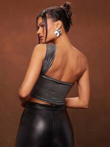 Hauture Summer Women, Women, Sexy Silver Foil Glitter Mesh Asymmetrical Neck Crop Top, Women Tops, Summer Tops, Going Out Tops, Sexy Women Tops, Summer Women Tops. For Date Night, Concerts, Performances, Parties, Clubs, Music Festivals, Vacation - Silver - View 5