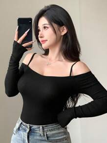DAZY Women's Off Shoulder Slim Fit T-Shirt, Pure Black, Spring/Summer,Fall Clothes Long Sleeve Women Tops - Black - View 8