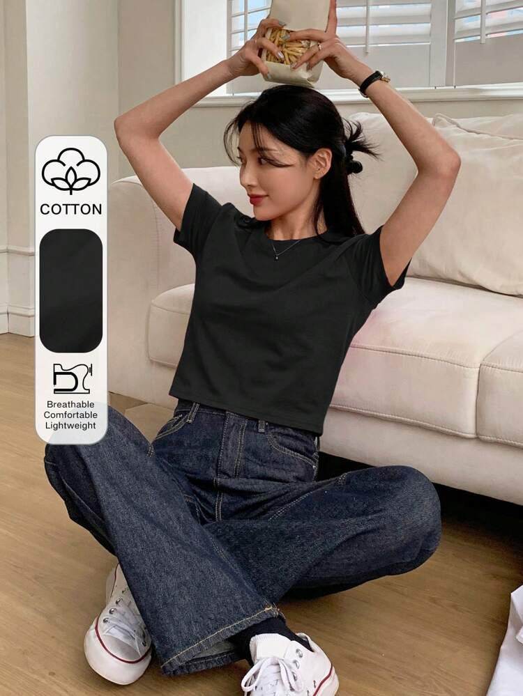 Women's Summer Solid Color Round Neck Short Sleeve Casual T-Shirt Preppy Tops