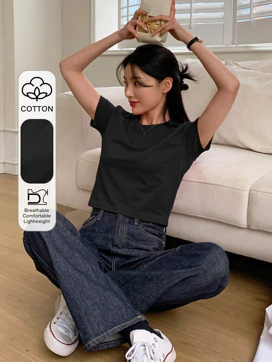 DAZY Women's Summer Solid Color Round Neck Short Sleeve Casual T-Shirt Preppy Tops - Black - View 1