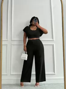 Slaydiva Plus Size 2Pcs Set Knit Casual & Commute Black Outfit - Black - View 3