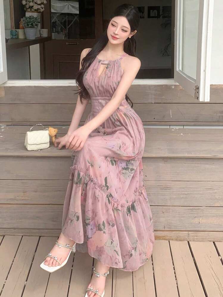 DAZY シフォン フローラルプリント ホルターネック ワンピース サマー