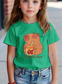 Young Girl Casual Stylish Comfy Simple Milk Tea & Letter Graphic Short Sleeve T-Shirt, Spring/Summer - Green - View 1