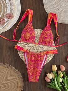 Swim Mod Beach Summer Outfits For Women: Random Print Scooped Design Bikini With Shell Decor Thong Two Pieces Swimwear, Casual Vacation Beach - Multicolor - View 2