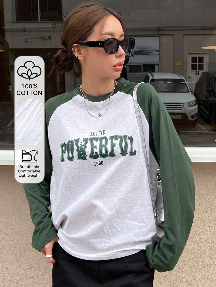 DAZY 字母图案插肩袖T恤 长袖女式上衣