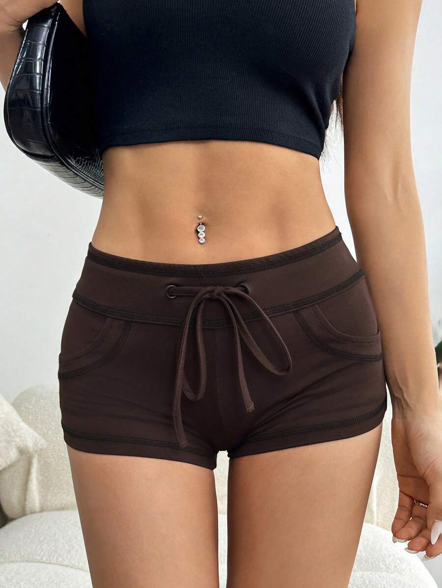 SHEIN EZwear Quần short cạp thấp bó sát siêu ngắn có dây rút đường khâu hở - Cà phê nâu - Xem 1