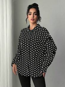 Chiquease 休闲波点印花褶皱后背衬衫，适合春秋季节 - 黑色 - 查看 5