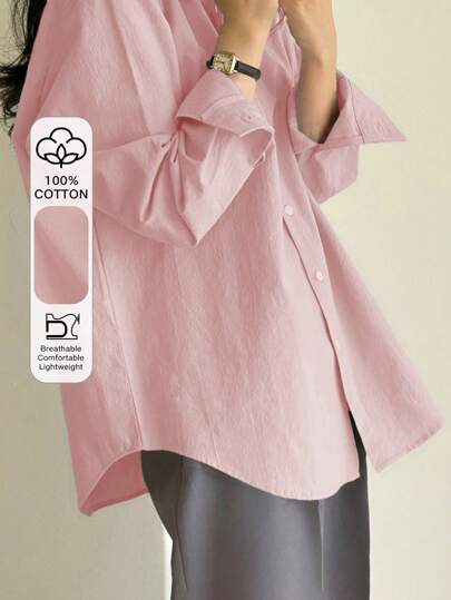 DAZY Women Solid Color Turn-Down Collar Long Sleeve Shirt With Front Buttons,Long Sleeve Tops