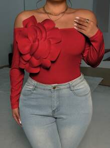 Elenzga Plus Size Elegant Off Shoulder Tight Fitting Floral Decor T-Shirt - Red - View 6