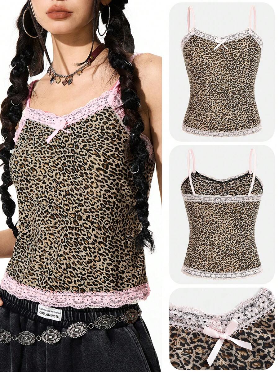 SHEIN Crop top de estampado de leopardo con encaje y parches, para adolescentes, para fiestas, vacaciones, Y2K, uso diario