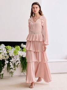 MOTF Soiréza Vestido de nudo con volantes y capas - Rosa Pálido - Ver 3