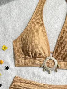 Swim Vcay Springbreak Solid Color Halter Bow Bra & Triangle Panty Bikini Set For Summer Beach Vacation - Brown - View 7