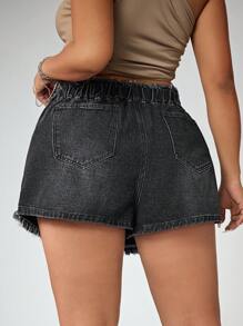 SHEIN ICON Plus Size Denim Shorts, Simple Fashionable Frayed Hem With Metal Buttons - Black - View 2