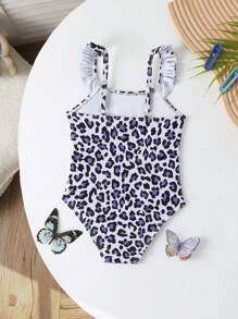 Traje de baño de una pieza con estampado de leopardo y detalle de volante para niñas jóvenes - Púrpura malva - Ver 2
