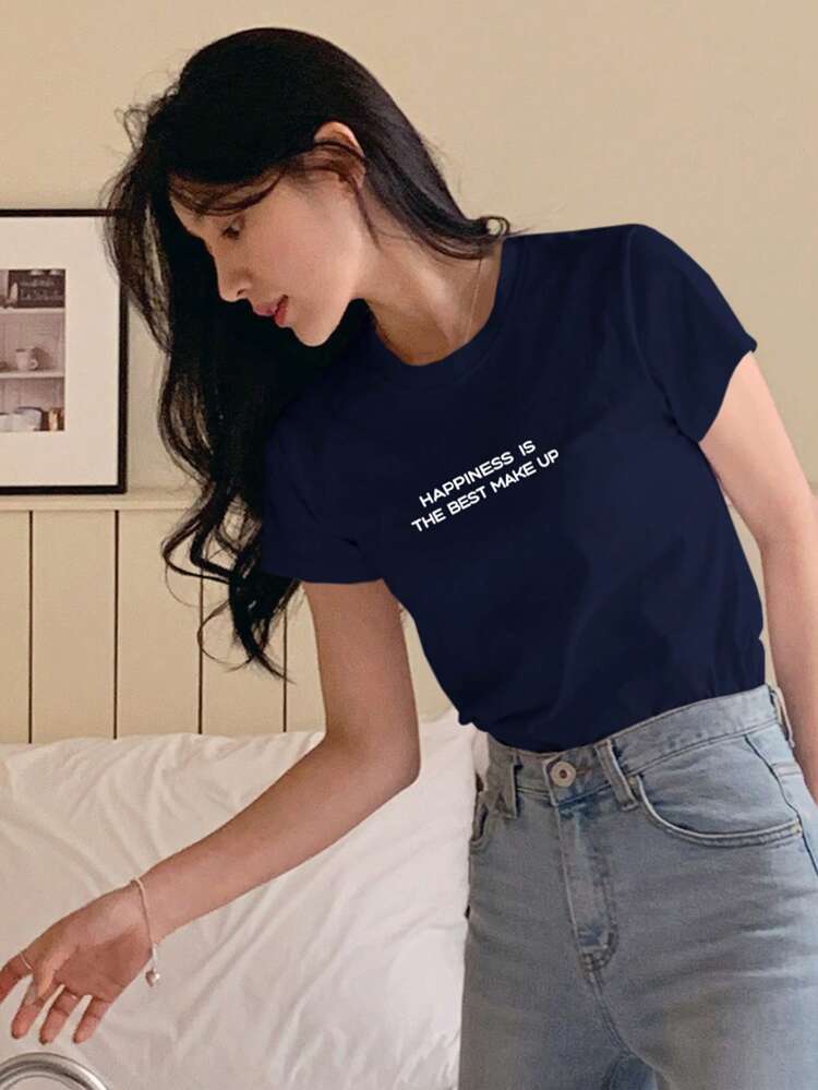 Women Fashionable Printed Round Neck Short Sleeve T-Shirt HAPPINESS IS THE BEST MAKE UP Summer
