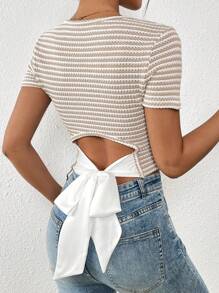 Chiquease 女士春夏休闲法式针织镂空条纹面料简约基本款蝴蝶结装饰修身短袖 T 恤，适合日常生活、度假、旅行、海滩、乡村、波西米亚风格