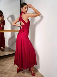 Mulvari Elegant Solid Color Backless Halter Neck Dress, Comfortable Dance Wear Latin Dancewear  Ballet Tutus Ballroom Dance Dresses/Skirts Dancewear/Dance Costumes/Dance Dresses/Dance Skirts