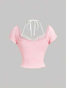 SHEIN MOD 女士粉色领带蝴蝶结装饰 T 恤、春季休闲上衣 T 恤、女士西装、波西米亚风女装 - 粉色 - 查看 2