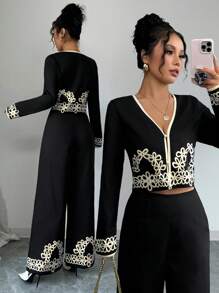 Siren Gaze 2pcs Women Solid Color Patchwork Floral Prints Long Sleeve Top And Pants Set,Colour-Blocked Edges Women Clothing Sets,Commute Daily Wear,Suitable For Spring And Autumn