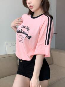 DAZY Women Summer Slogan Striped Printed Round Neck Raglan Sleeve Short Sleeve Casual T-Shirt,Graphic Tees
