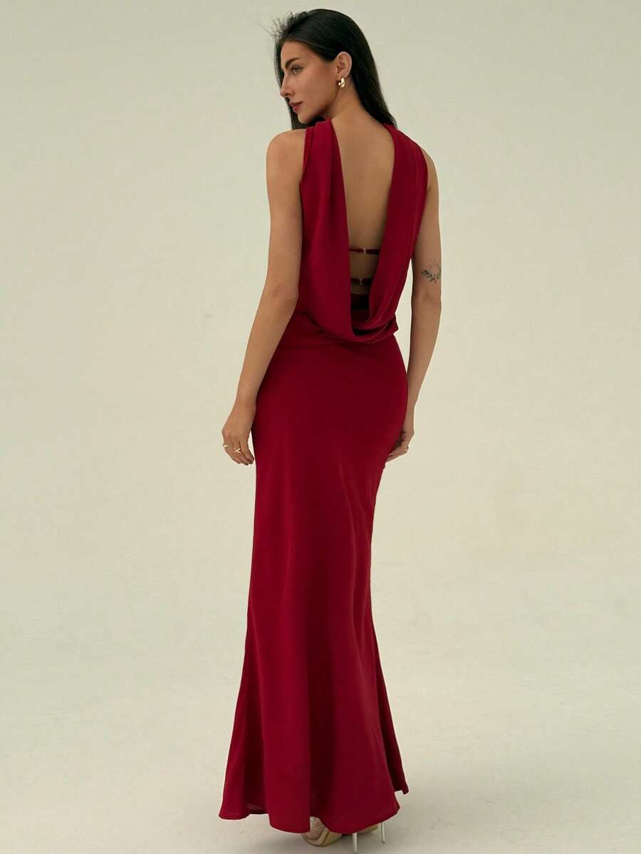 Aloruh 优雅系带性感露背长款正式晚礼服，百搭美人鱼风格连衣裙 - 紅色 - 查看 1