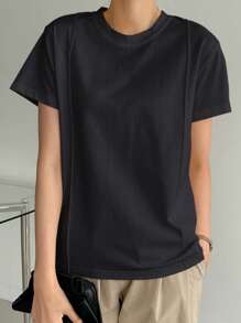 Dazy-Less Solid Seam Detail Tee Business Casual Woman Work Clothes - Black - View 4