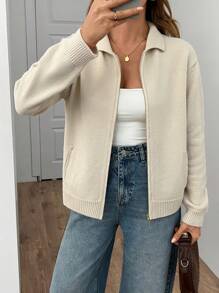 EURMUSE Áo len cardigan cổ polo có túi khóa kéo cho nữ - Màu be - Xem 5