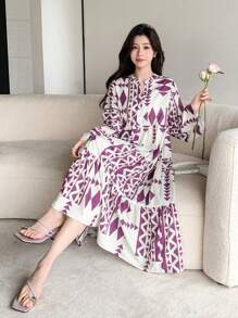 DAZY Rochie tip cămașă cu imprimeu lejer și mânecă trei sferturi, cu volane, rochie de toamnă, rochie maxi cu mânecă lungă - Violet - Vizualizare 9