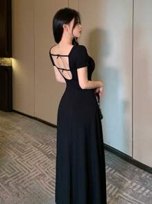 DAZY 纯色露背蝴蝶结中长连衣裙，女士舞会礼服，优雅太阳裙 - 黑色 - 查看 6