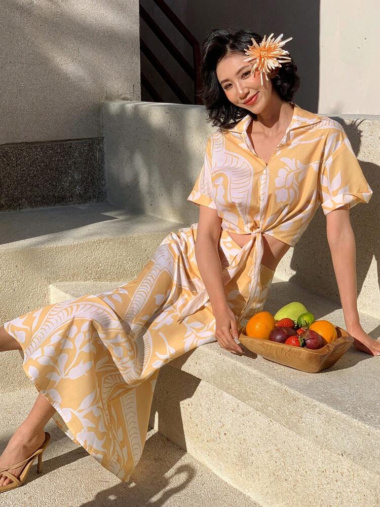 2pcs Set: Plant Print Tie-Up Shirt & Skirt For Women