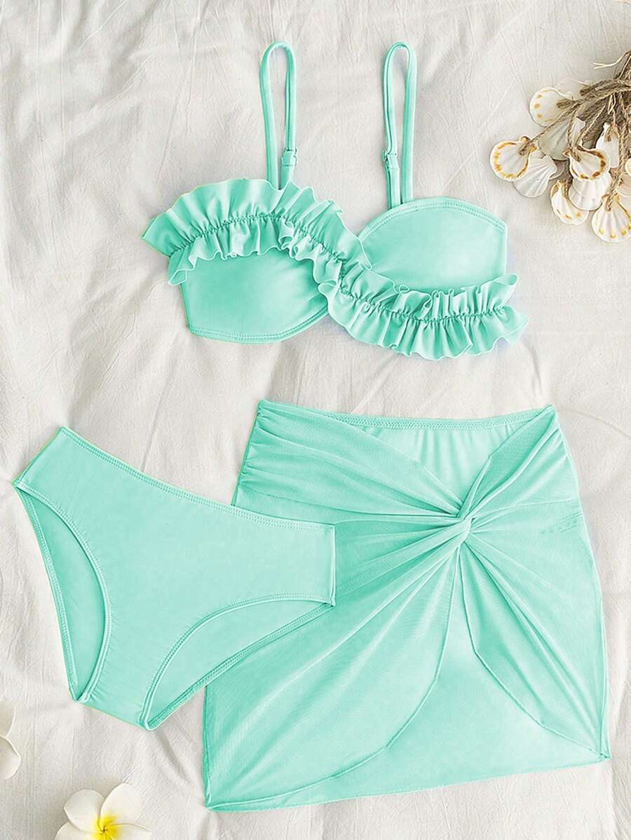SHEIN Tween Girls Bikini - Fashionable & Elegant Mint Green Swimsuit Set. Features Soft Knitted Fabric, Fully Lined Bikini Top With Lace Trim, And A Matching Wrap Skirt. A Stylish, Casual, And Exquisitely Detailed Three-Piece Design. Perfect For Swimming, Summer Vacations, Beach Trips, Pool Parties, And Holiday Leisure. - Mint Green - View 1